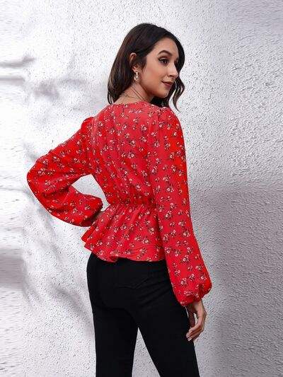 Floral V-Neck Balloon Sleeve Peplum Blouse Blouses - Tophatter Daily Deals