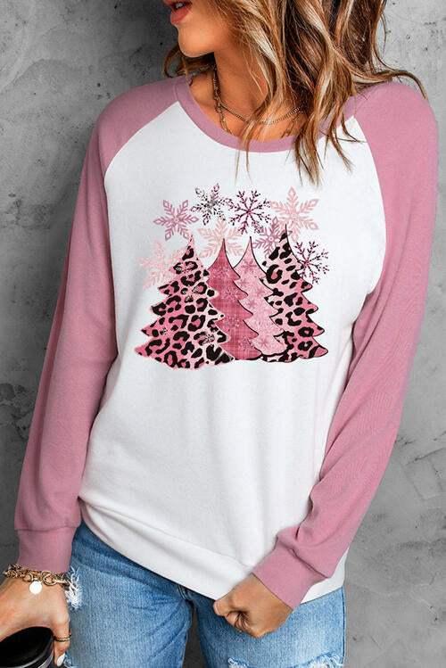 Christmas Tree Graphic Round Neck Long Sleeve T-Shirt Blush Pink Women's T-Shirts - Tophatter Daily Deals