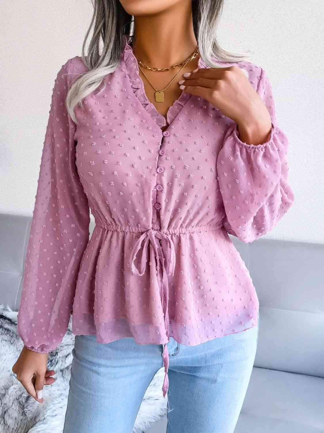 Swiss Dot Frill Trim Drawstring Waist Peplum Blouse Pink Blouses - Tophatter Daily Deals