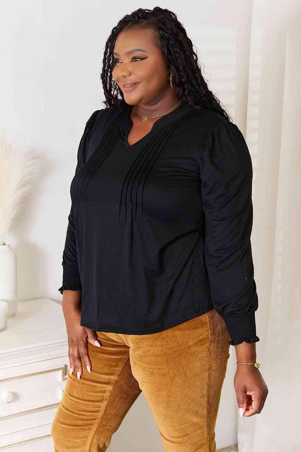 Double Take Ruched Notched Neck Puff Sleeve Blouse Blouses - Tophatter Daily Deals
