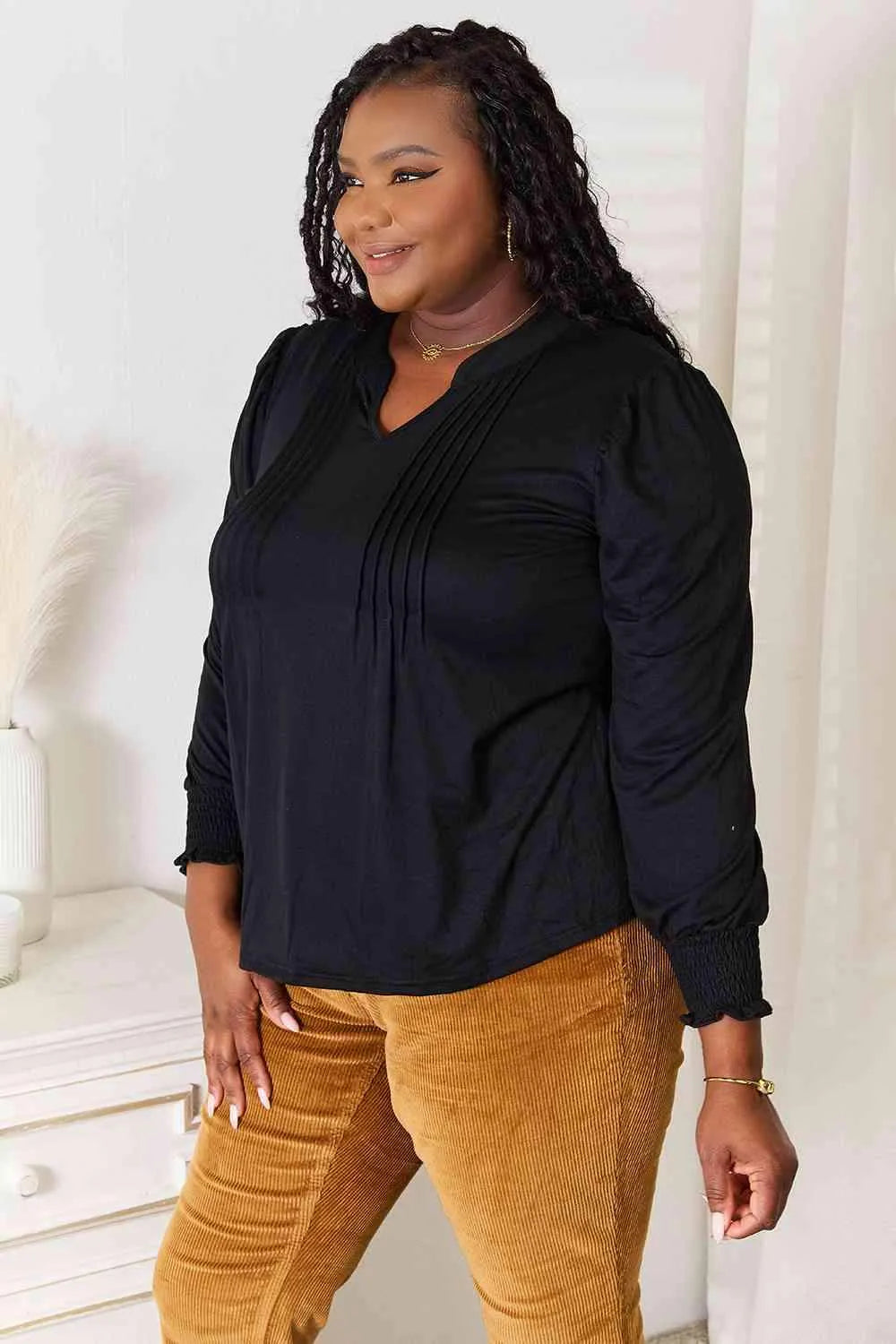 Double Take Ruched Notched Neck Puff Sleeve Blouse Blouses - Tophatter Daily Deals