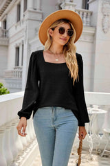 Waffle-Knit Puff Sleeve Square Neck Top Blouses - Tophatter Daily Deals
