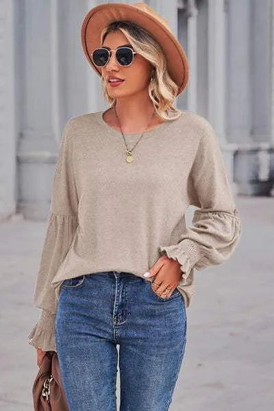Round Neck Flounce Sleeve Blouse Blouses - Tophatter Daily Deals