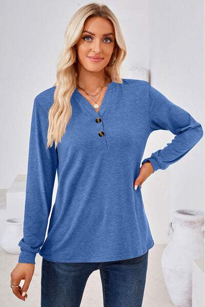 Notched Button Detail Long Sleeve T-Shirt Women's T-Shirts - Tophatter Daily Deals