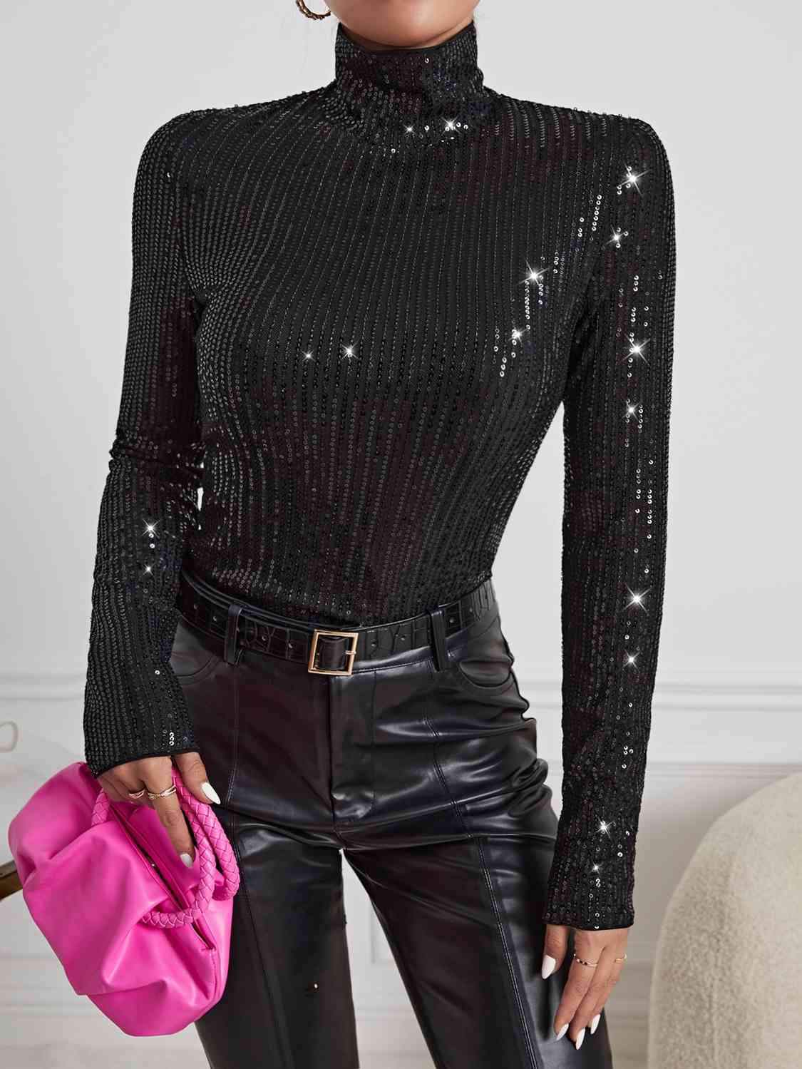 Sequin Turtleneck Long Sleeve Blouses Blouses - Tophatter Daily Deals