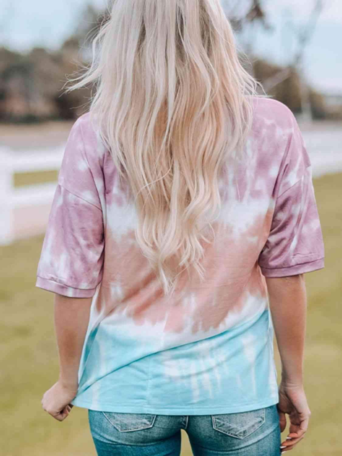 Tie-Dye Lace Trim Round Neck Top Blouses - Tophatter Daily Deals