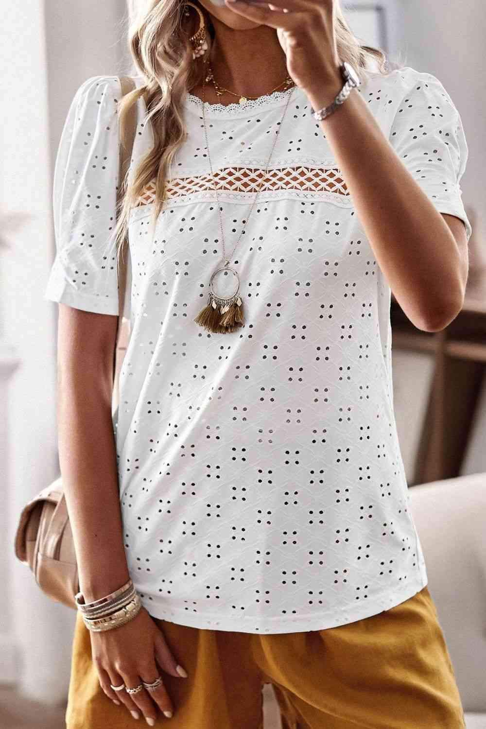 Spliced Lace Short Puff Sleeve Top Blouses - Tophatter Daily Deals