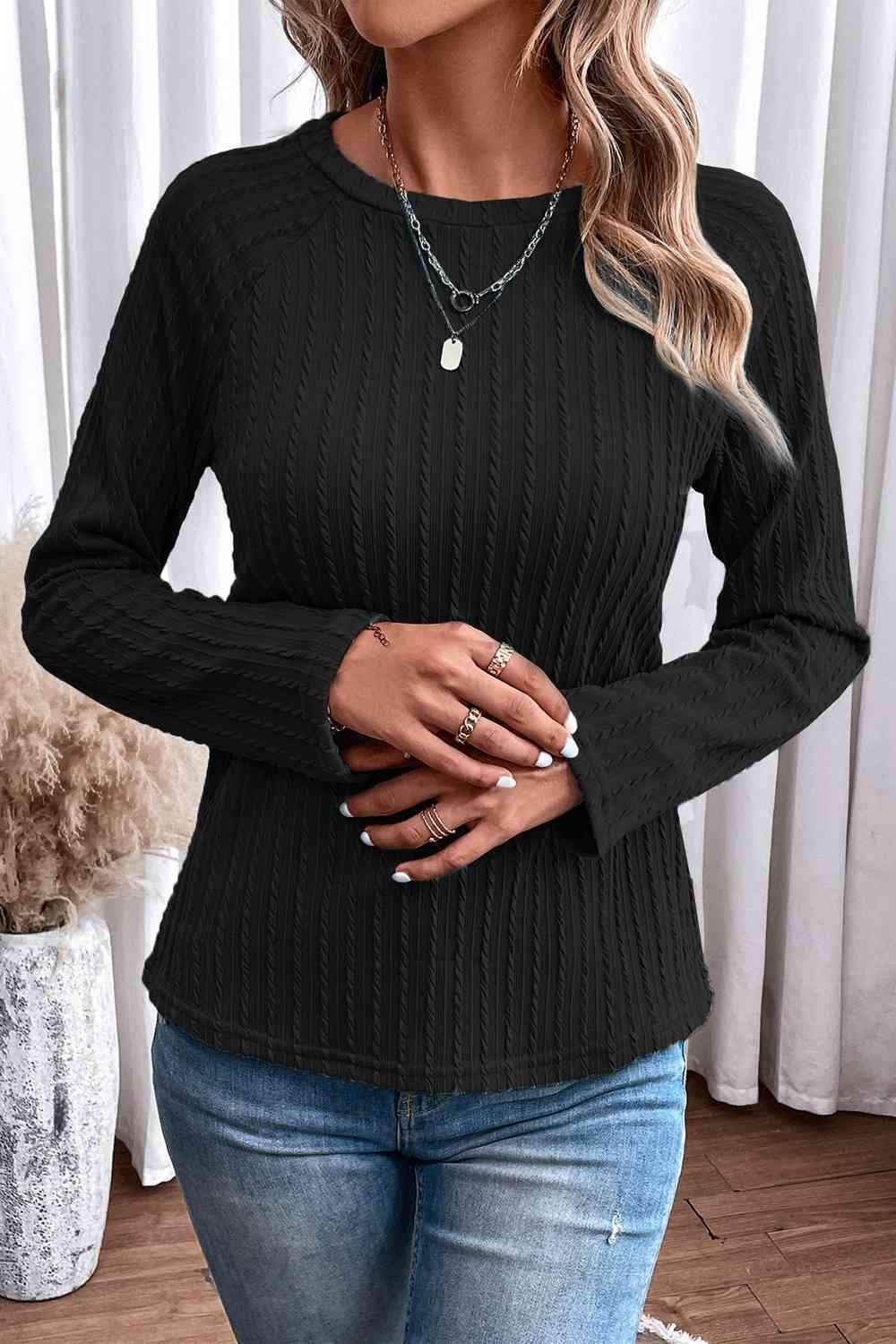 Ribbed Round Neck Knit Long Sleeve Top Blouses - Tophatter Daily Deals