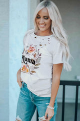 MAMA Floral Graphic Distressed Tee Women's T-Shirts - Tophatter Daily Deals