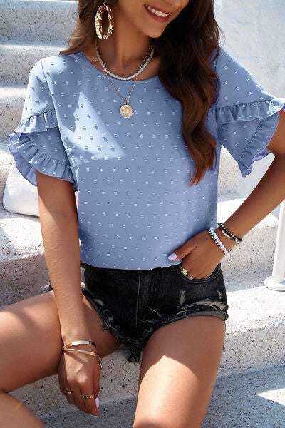 Swiss Dot Decorative Button Round Neck T-Shirt Women's T-Shirts - Tophatter Daily Deals