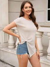 Waffle-Knit Twisted Round Neck Short Sleeve Blouse Blouses - Tophatter Daily Deals