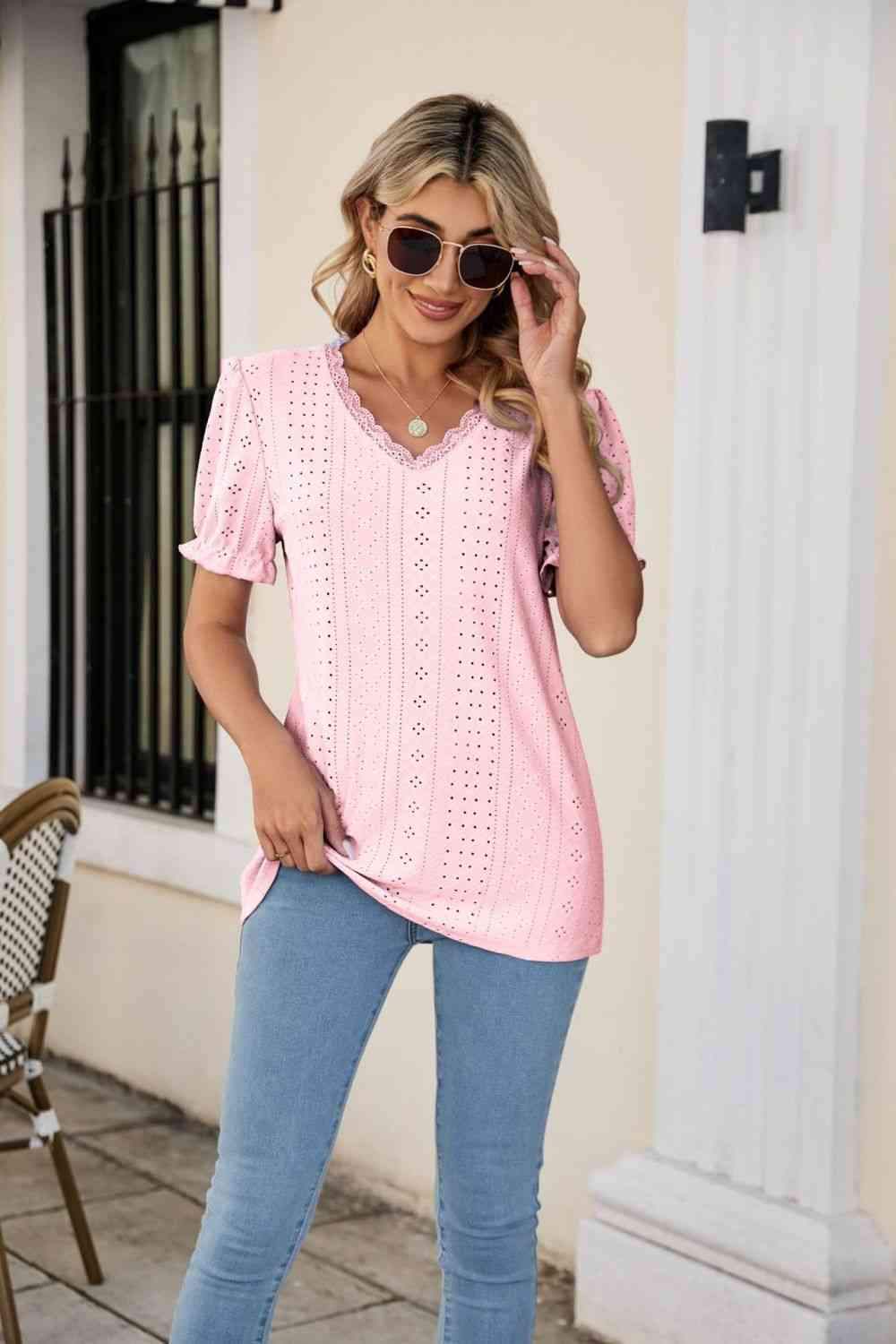 Eyelet Flounce Sleeve Scalloped V-Neck Top Blouses - Tophatter Daily Deals