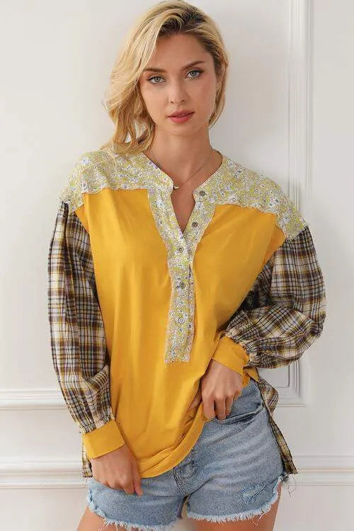 Plaid Notched Neck Slit Blouse Banana Yellow Blouses - Tophatter Daily Deals