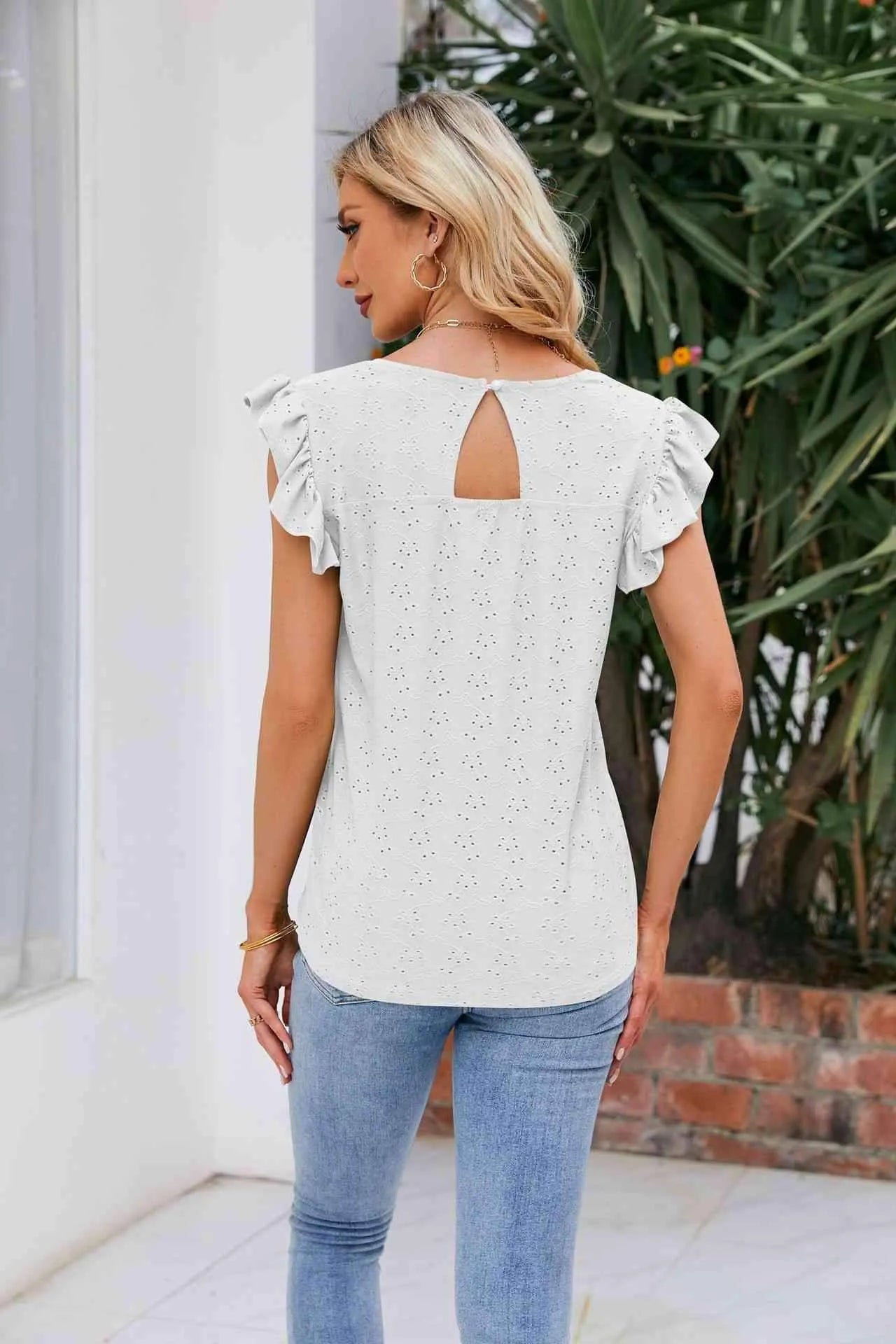 V-Neck Flutter Sleeve Eyelet Top Blouses - Tophatter Daily Deals