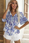 Printed Buttoned Flounce Sleeve Blouse Royal Blue Blouses - Tophatter Daily Deals