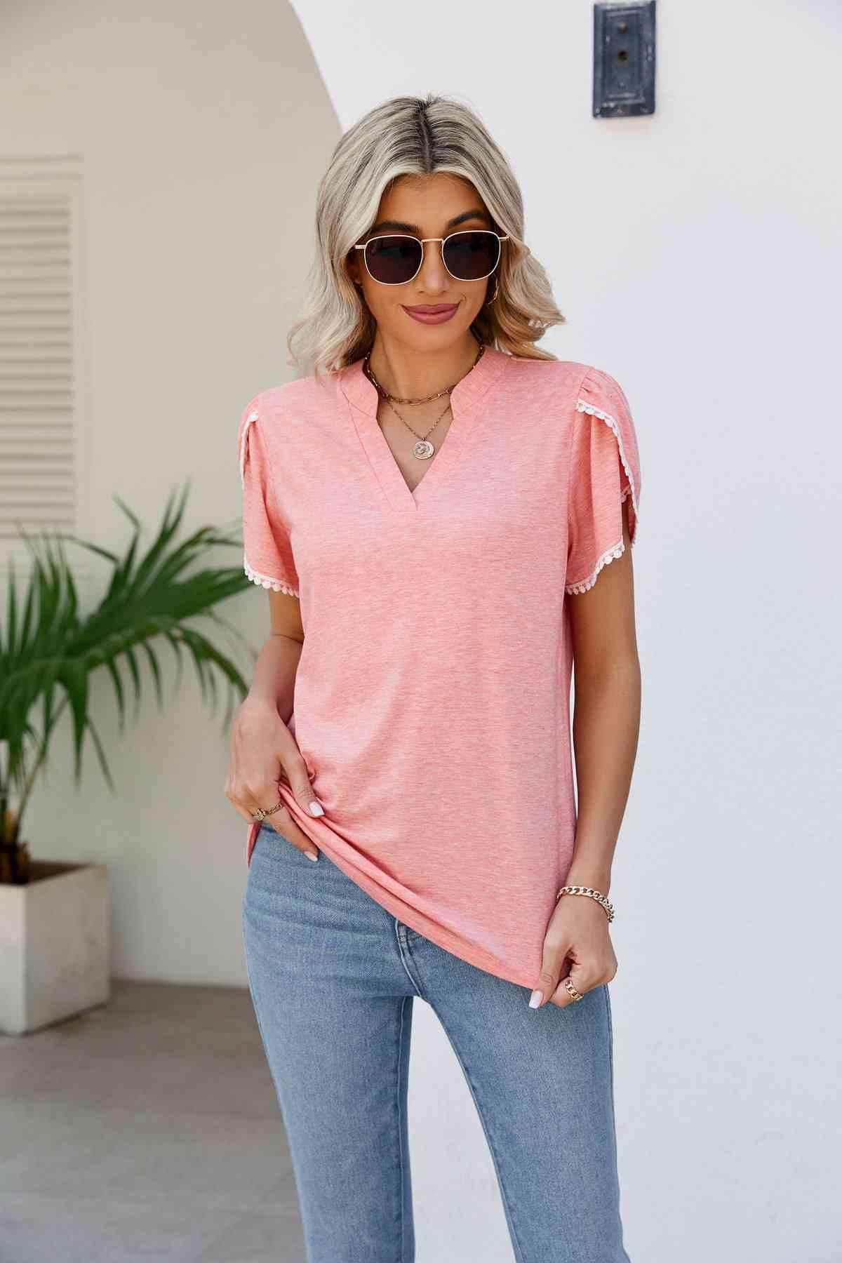 Pom-Pom Trim Petal Sleeve Notched Neck Top Blouses - Tophatter Daily Deals