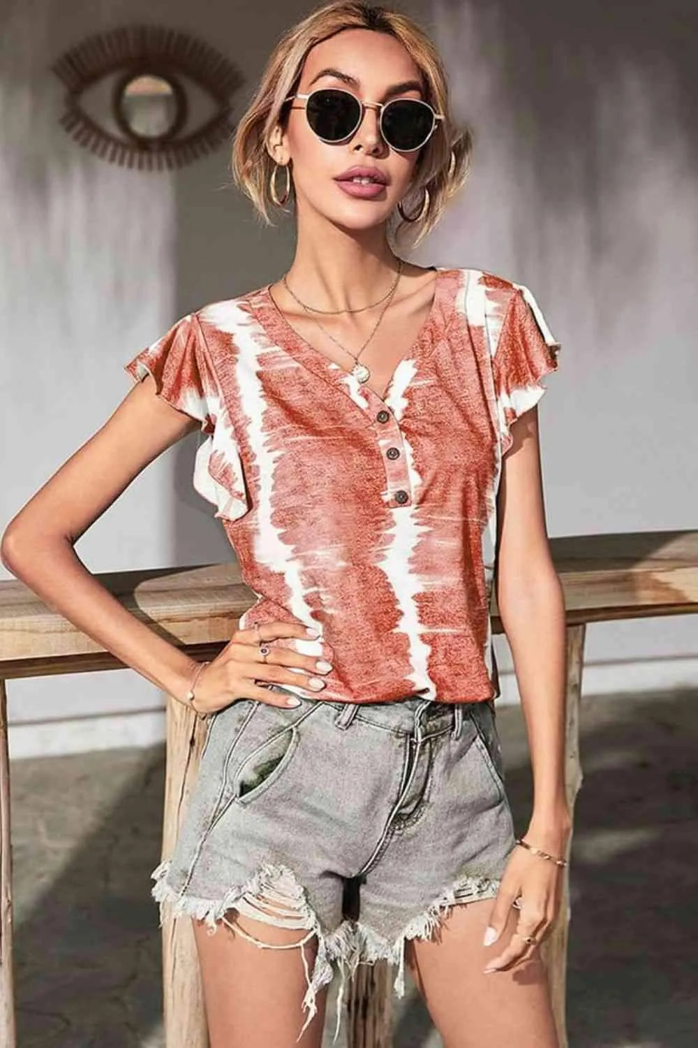Tie-Dye Buttoned Flutter Sleeve Blouse Brick Red Blouses - Tophatter Daily Deals