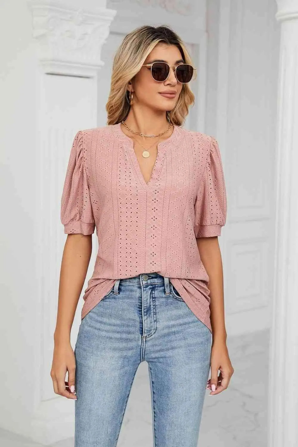 Eyelet Short Puff Sleeve Notched Neck Top Blouses - Tophatter Daily Deals