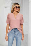 Eyelet Short Puff Sleeve Notched Neck Top Blouses - Tophatter Daily Deals