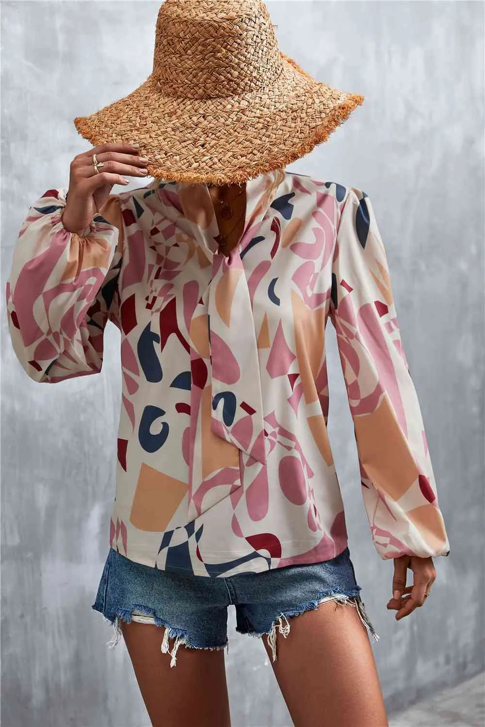 Printed Tie Neck Puff Sleeve Blouse Pink Blouses - Tophatter Daily Deals