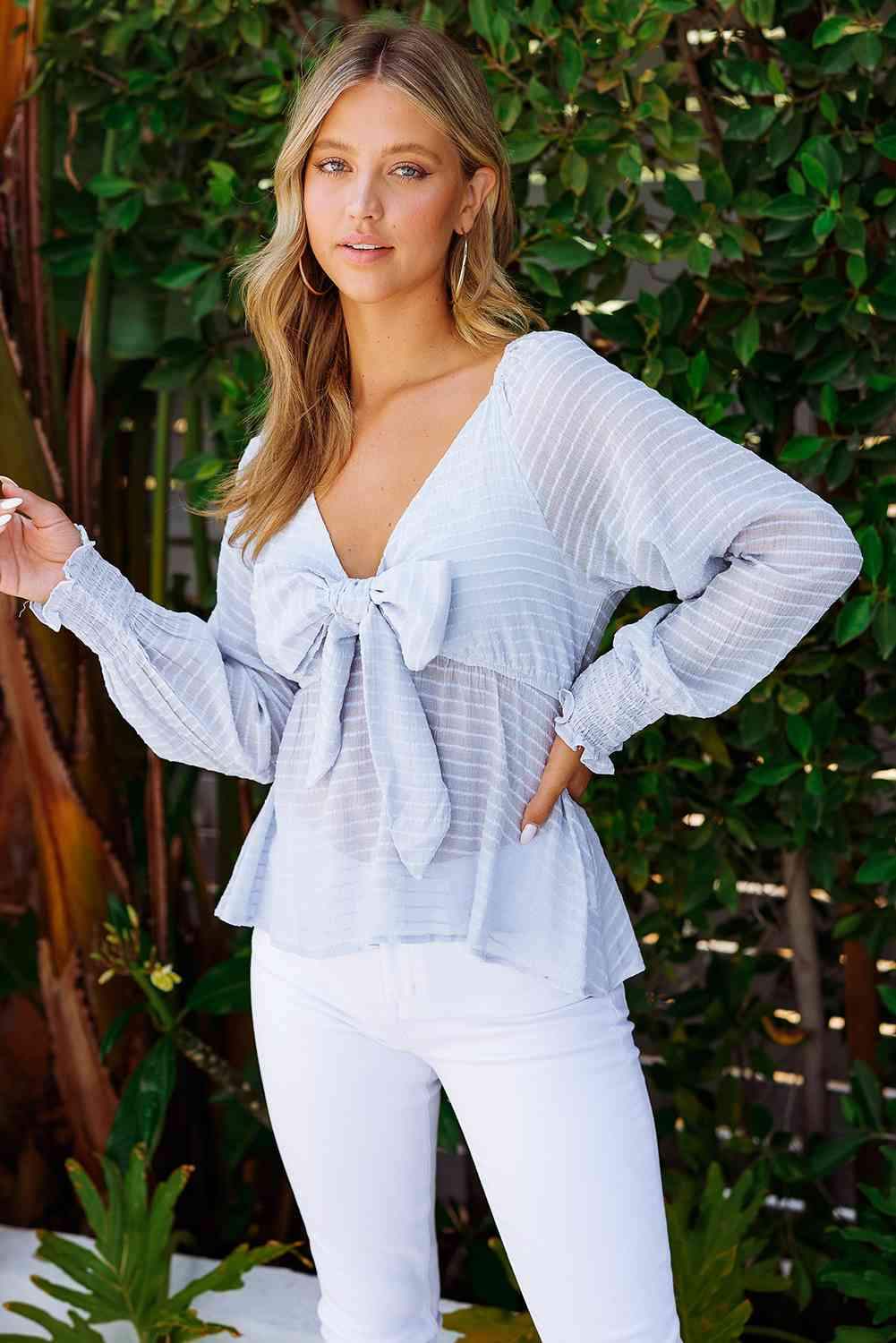 Striped Deep V Bow Detail Babydoll Top Blouses - Tophatter Daily Deals