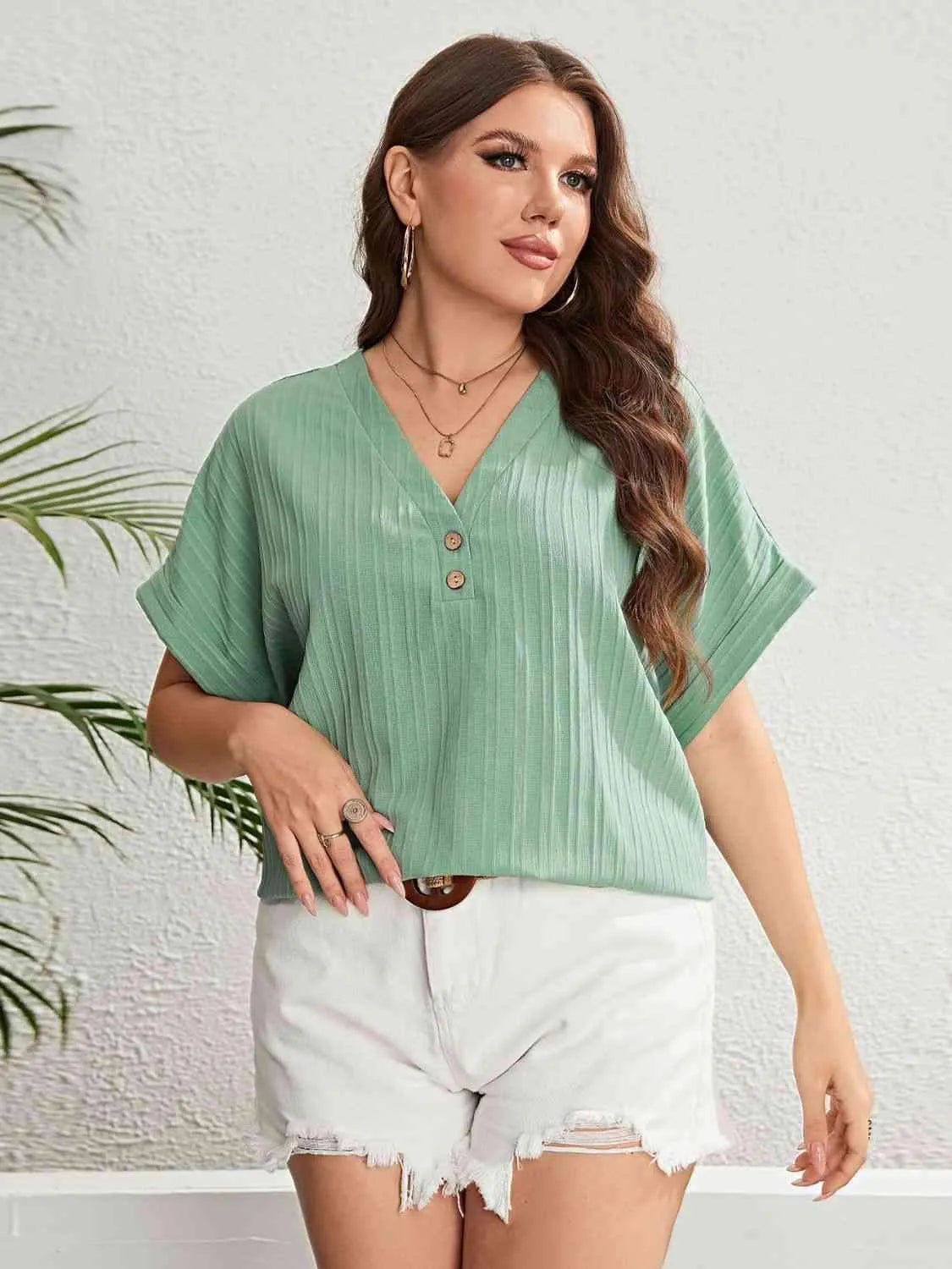 Plus Size Buttoned V-Neck Short Sleeve Top Blouses - Tophatter Daily Deals