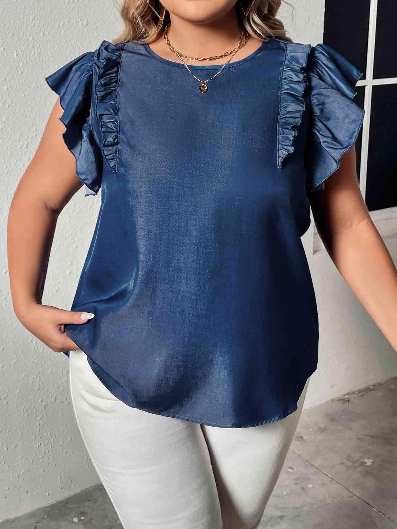 Plus Size Round Neck Flounce Sleeve Frill Trim Blouse Navy Blouses - Tophatter Daily Deals