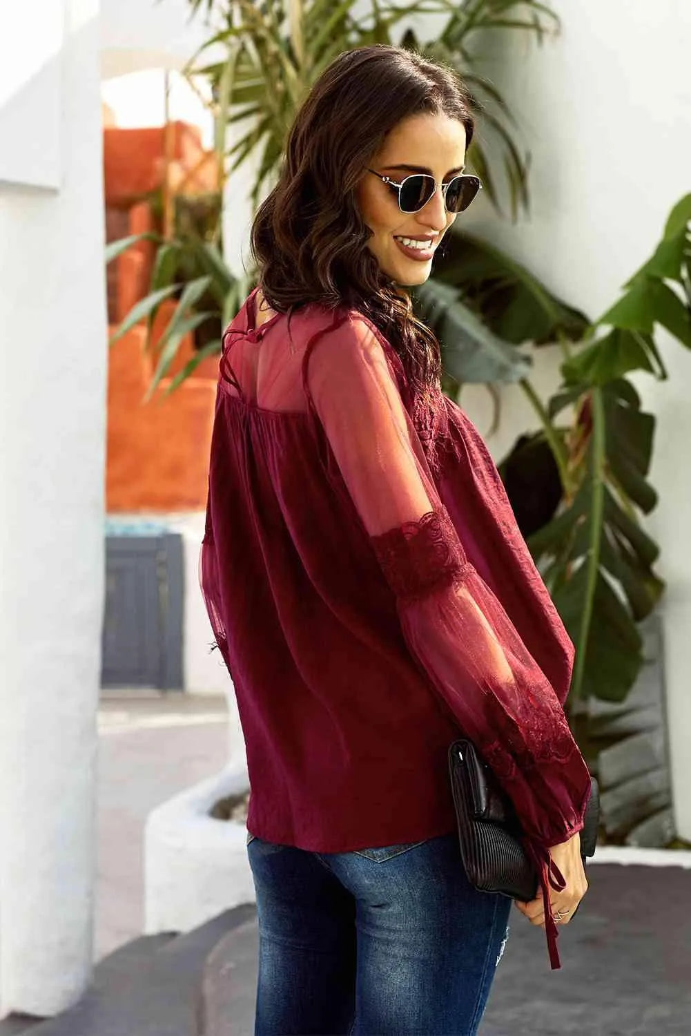 Tied Spliced Mesh Bubble Sleeve Blouse Blouses - Tophatter Daily Deals