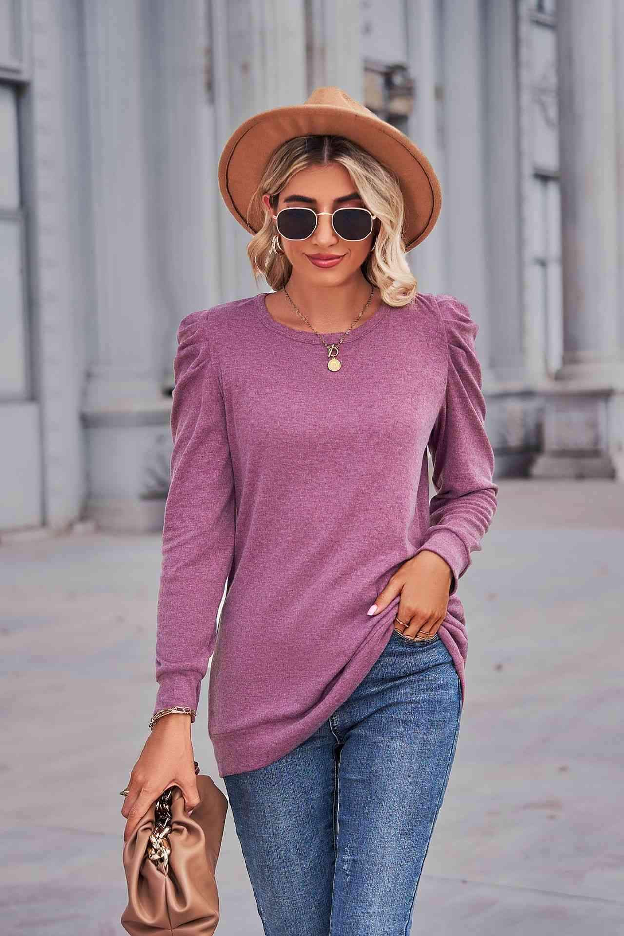 Heathered Puff Sleeve Round Neck Tunic Top Purple Women's T-Shirts - Tophatter Daily Deals