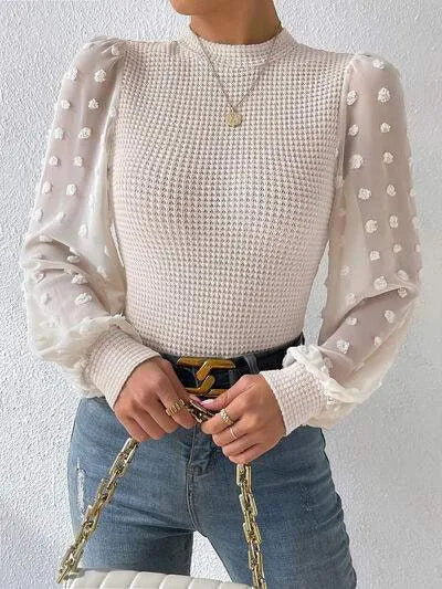 Swiss Dot Waffle-Knit Lantern Sleeve T-Shirt Women's T-Shirts - Tophatter Daily Deals
