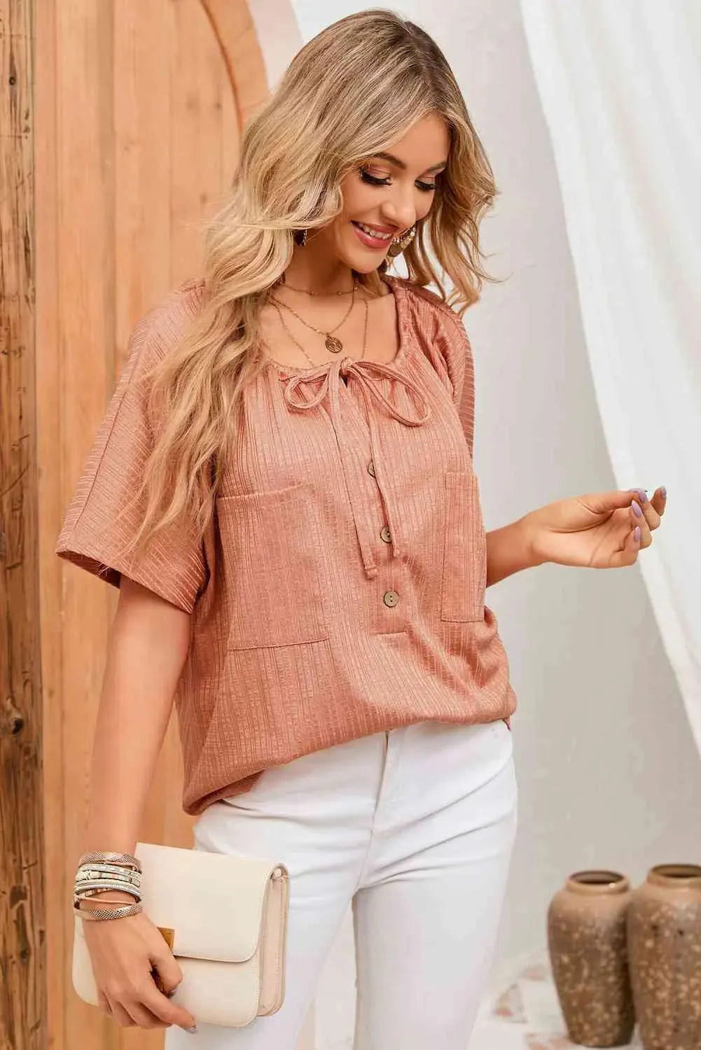 Tied Round Neck Buttoned Top Blouses - Tophatter Daily Deals