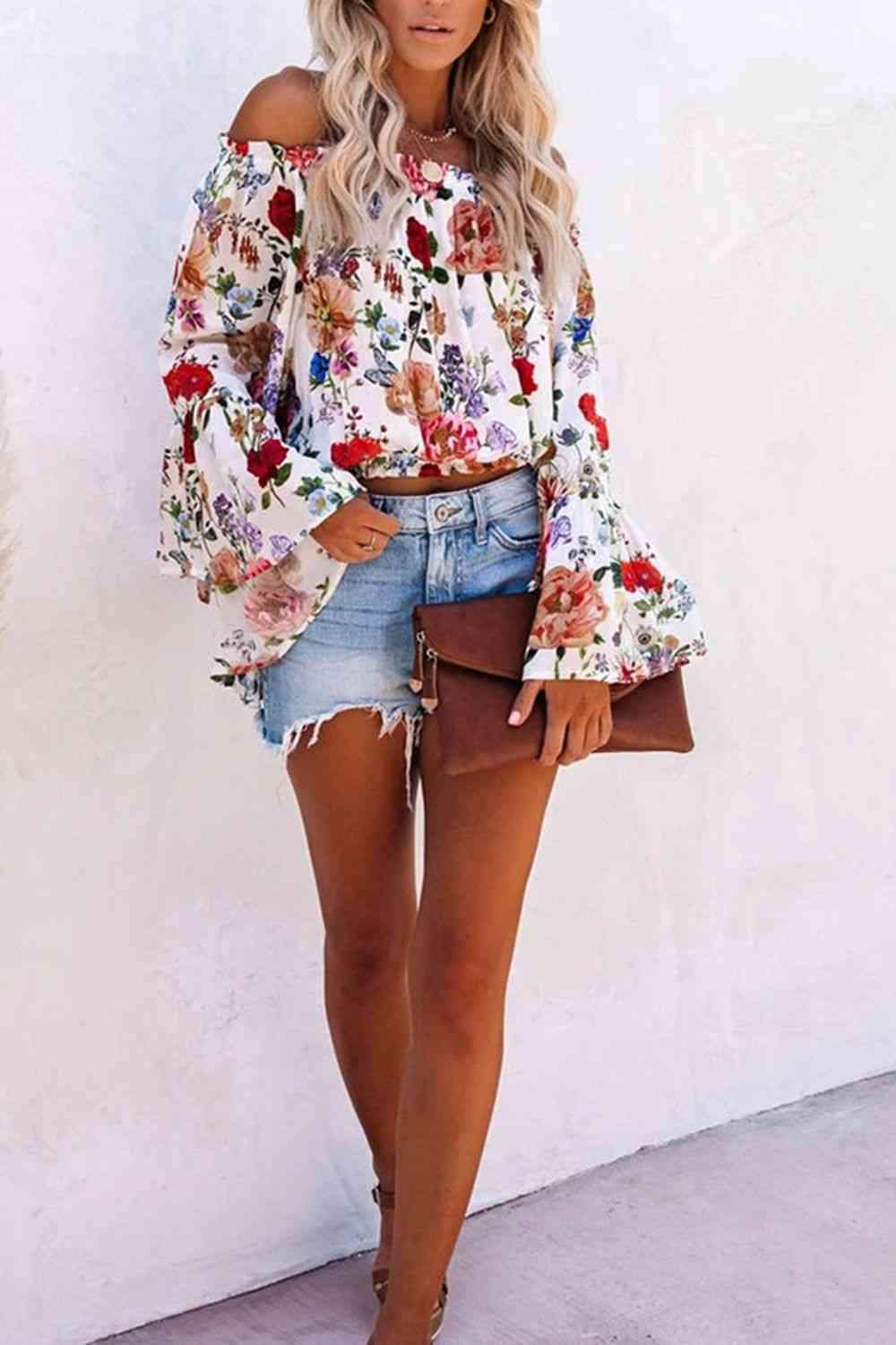 Printed Off Shoulder Flare Sleeve Blouse Blouses - Tophatter Daily Deals