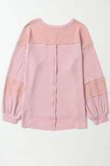 Waffle-Knit Exposed Seam Lantern Sleeve Blouse Blouses - Tophatter Daily Deals