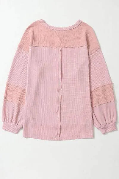 Waffle-Knit Exposed Seam Lantern Sleeve Blouse Blouses - Tophatter Daily Deals