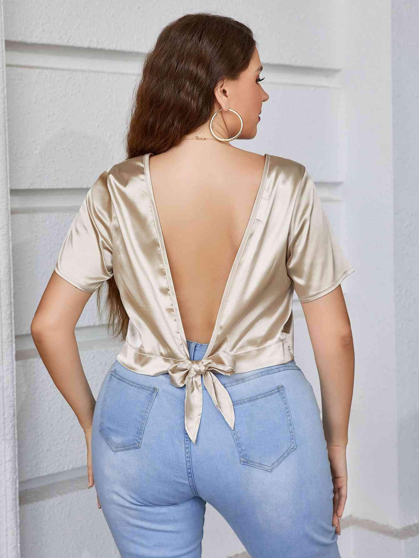 Plus Size Short Sleeve Tie Back Blouse Gold Blouses - Tophatter Daily Deals