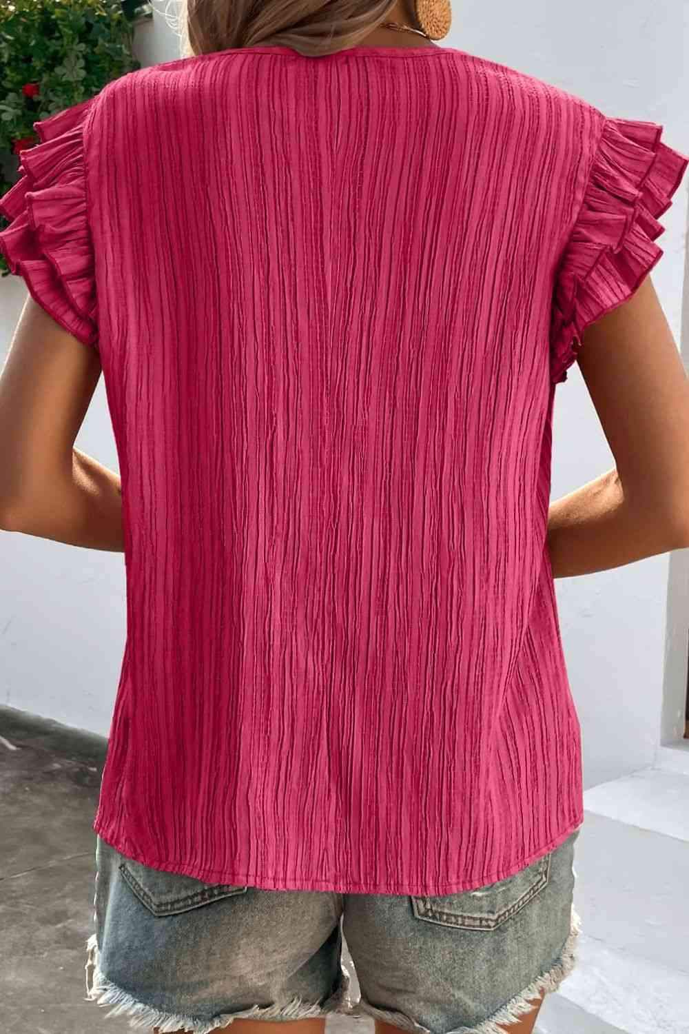 Textured Tie Neck Butterfly Sleeve Blouse Blouses - Tophatter Daily Deals