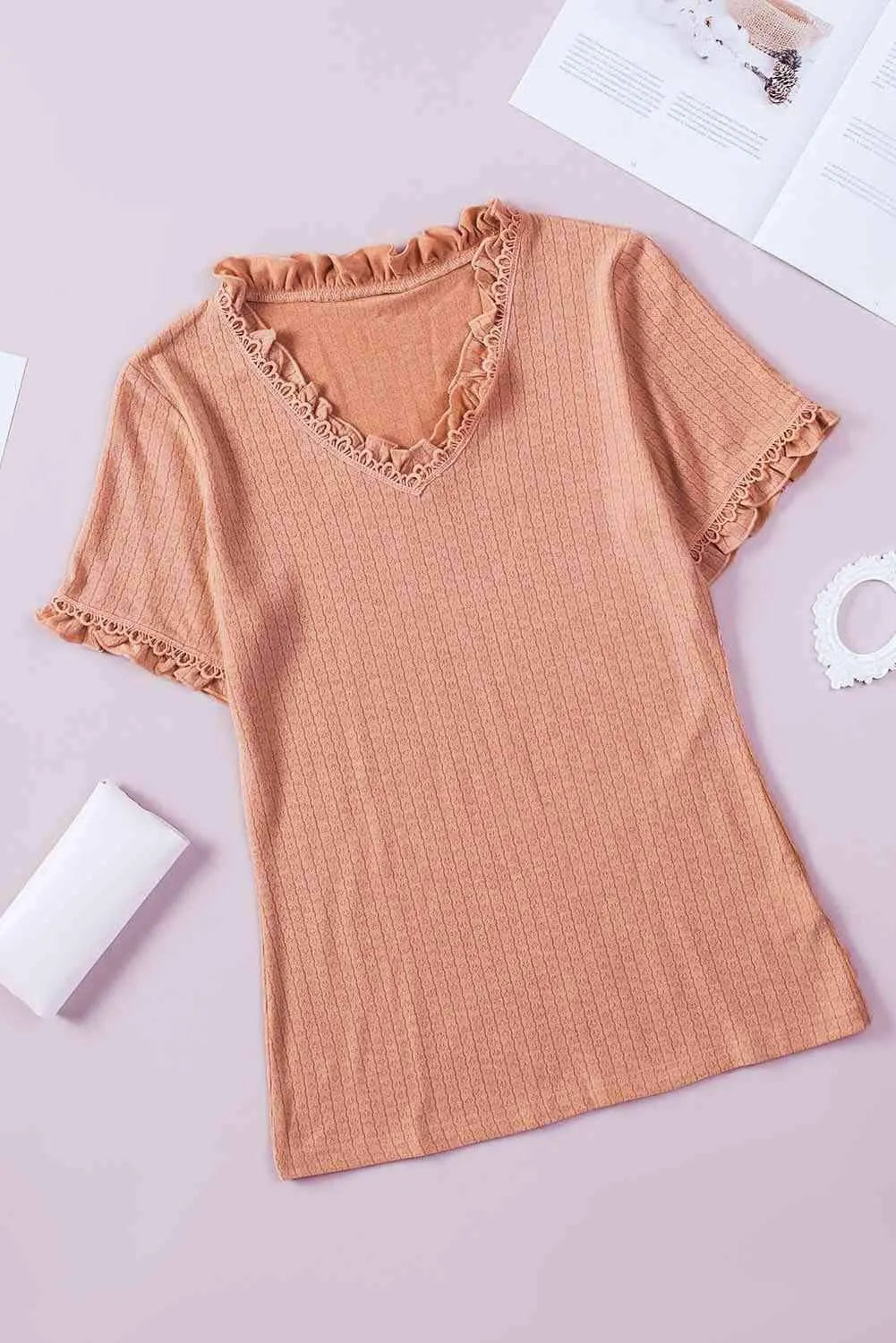 Textured V-Neck Flounce Sleeve Blouse Blouses - Tophatter Daily Deals