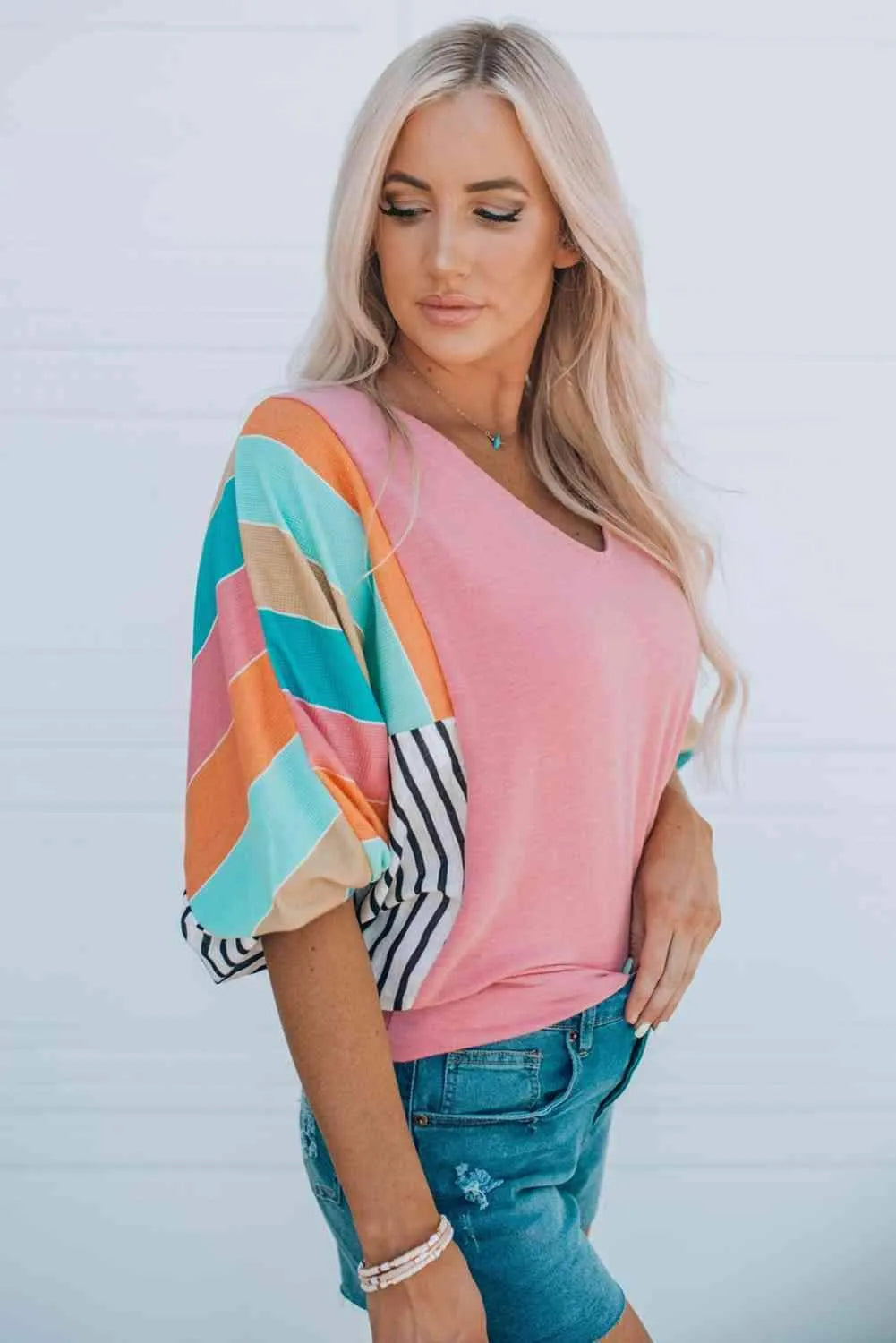 Striped Dolman Sleeve V-Neck Top Blouses - Tophatter Daily Deals