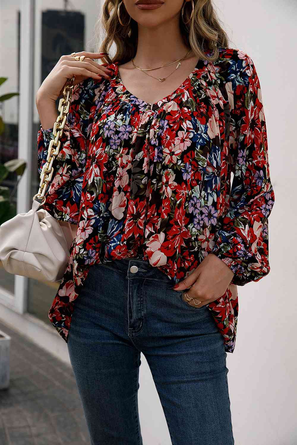 Floral Print Balloon Sleeve Ruched Blouse - Tophatter Deals