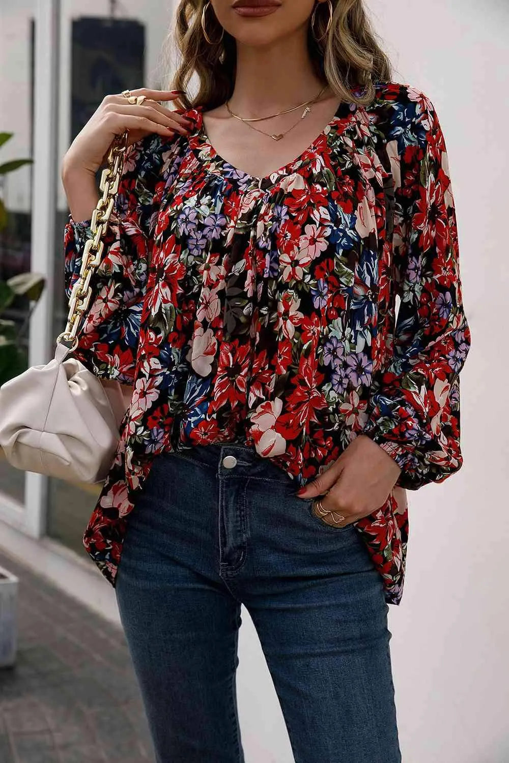 Floral Print Balloon Sleeve Ruched Blouse Blouses - Tophatter Daily Deals