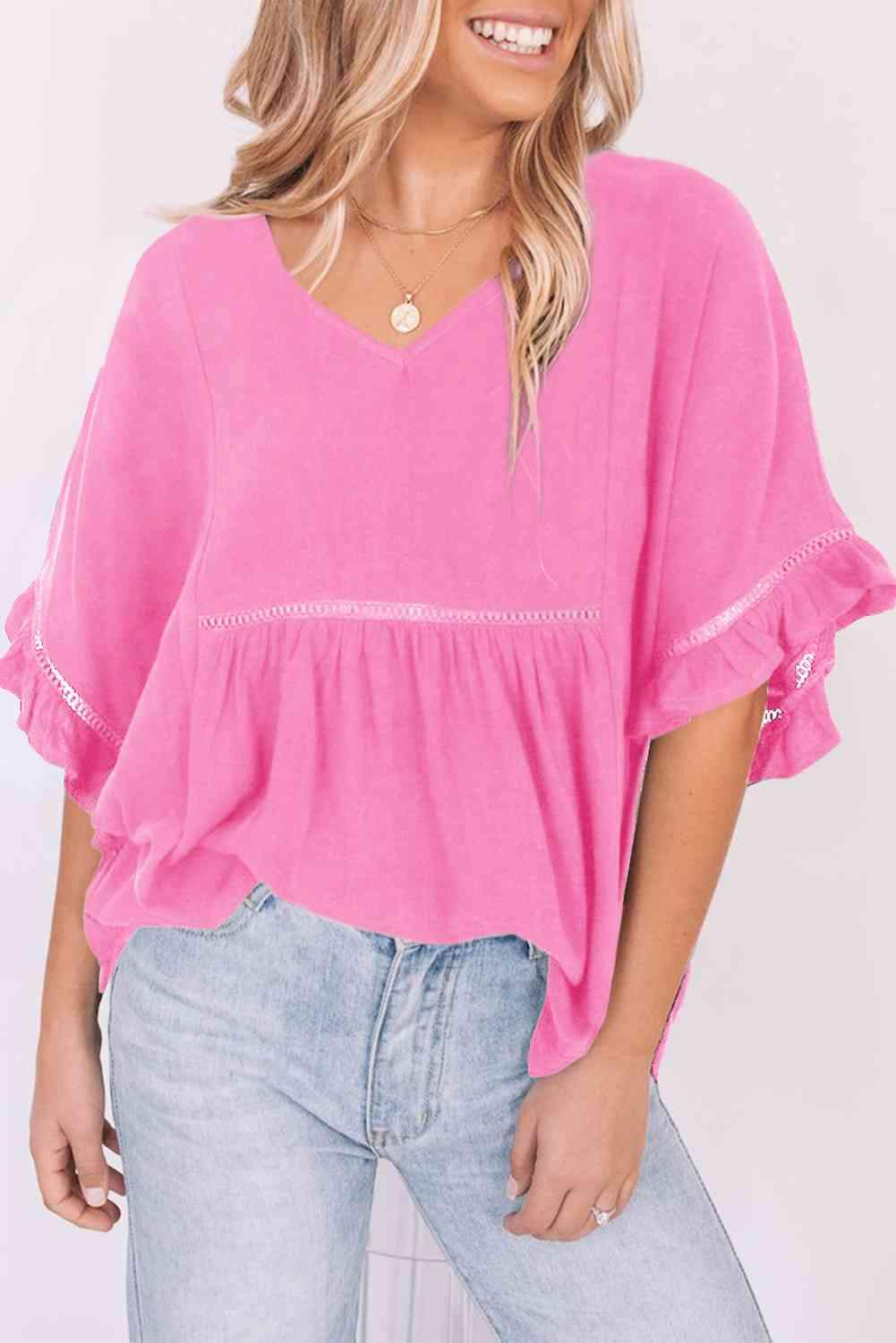 V-Neck Flounce Sleeve Babydoll Blouse Carnation Pink Blouses - Tophatter Daily Deals