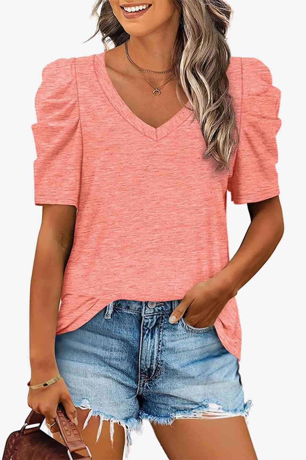 V-Neck Puff Sleeve Tee Coral Women's T-Shirts - Tophatter Daily Deals