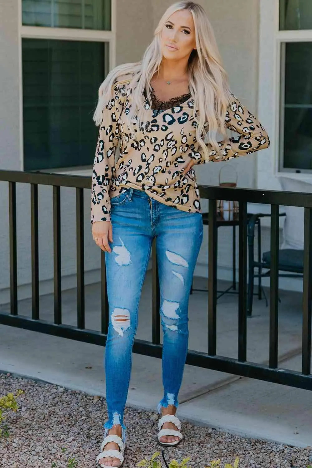 Leopard Print Lace Trim V-Neck Top Blouses - Tophatter Daily Deals