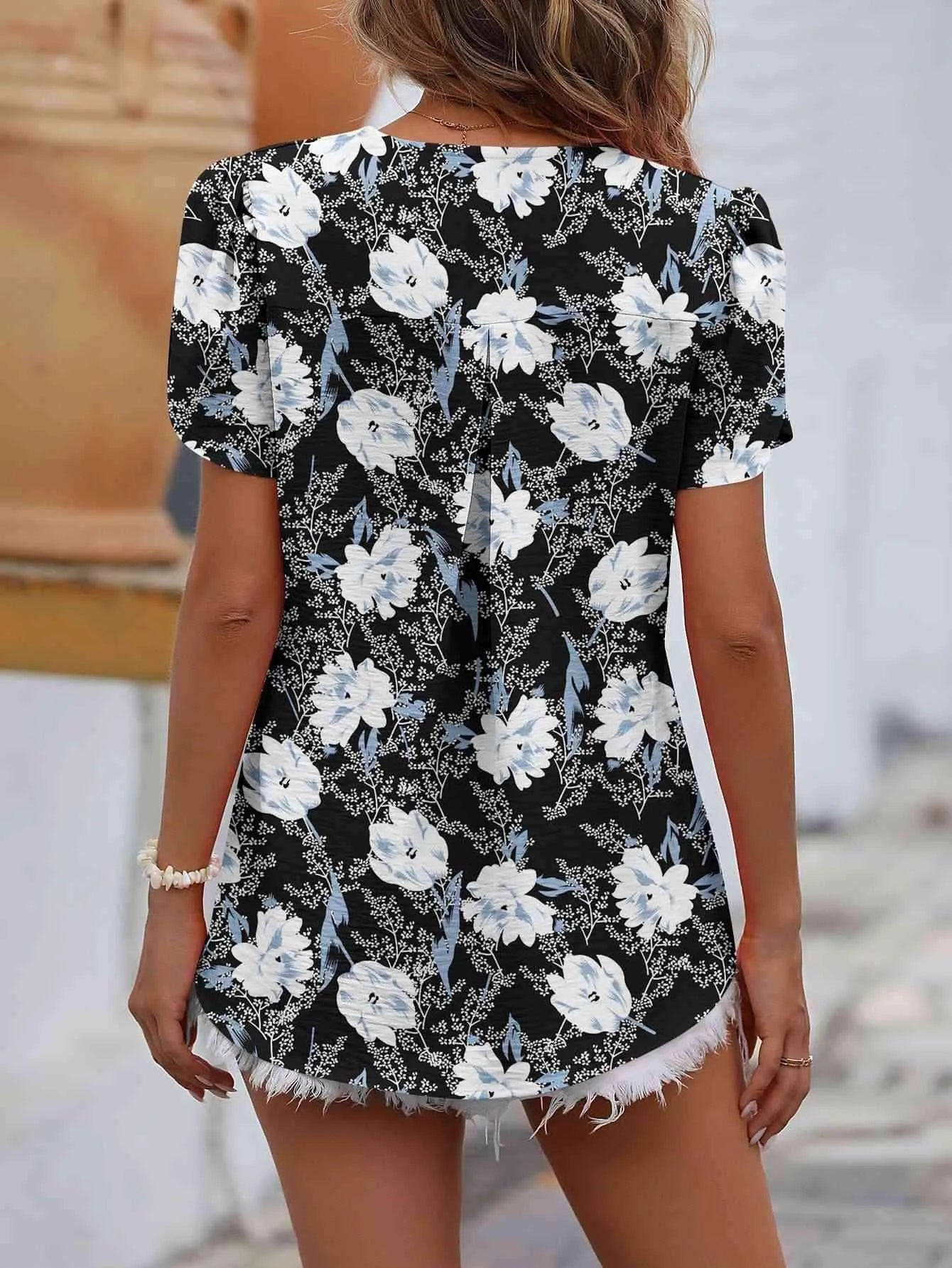 Ruche V-Neck Petal Sleeve Top Blouses - Tophatter Daily Deals