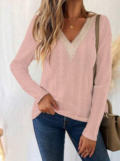 Eyelet V-Neck Dropped Shoulder T-Shirt Dusty Pink Women's T-Shirts - Tophatter Daily Deals