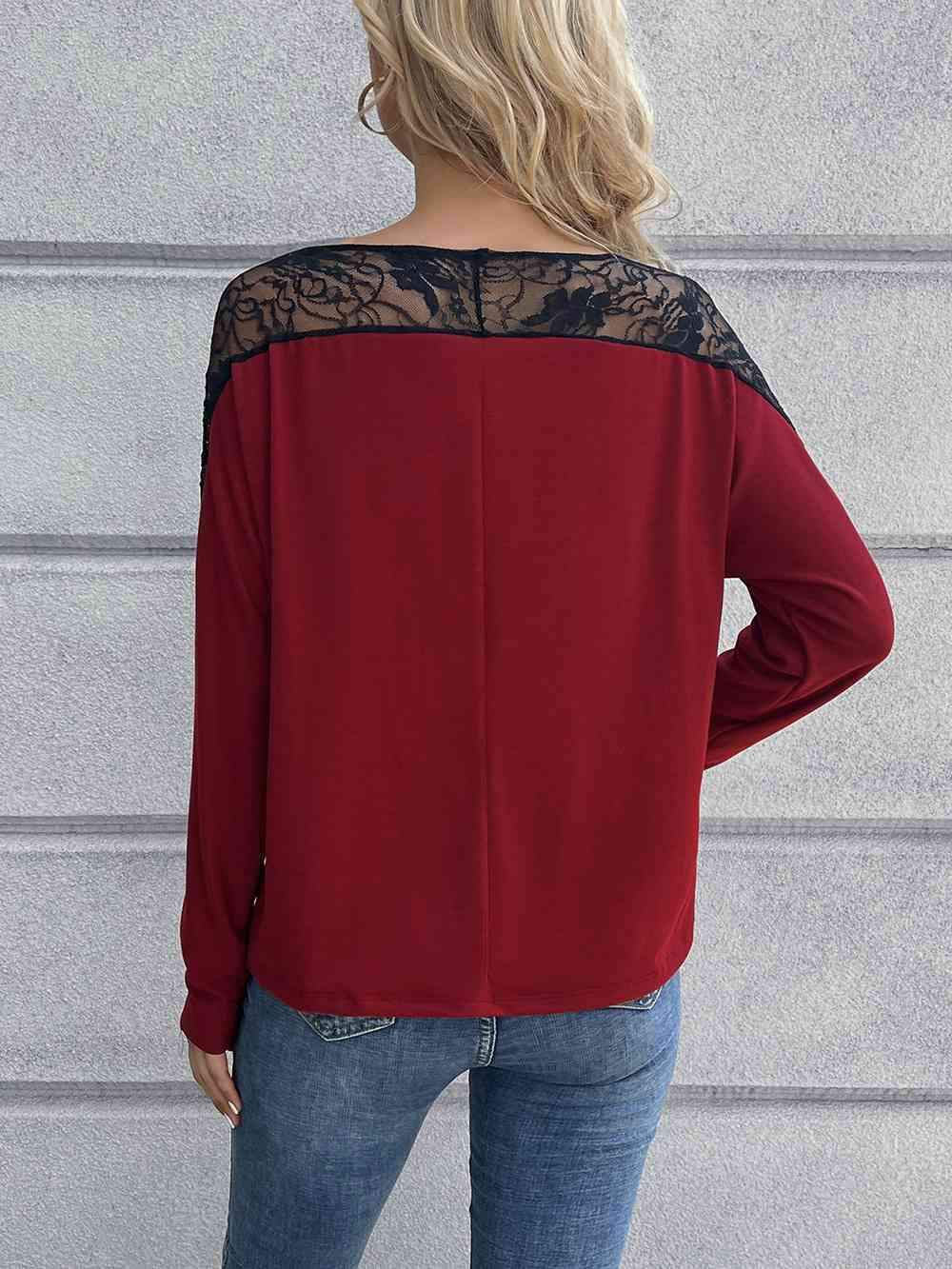 Lace Long Sleeve Round Neck Tee Women's T-Shirts - Tophatter Daily Deals