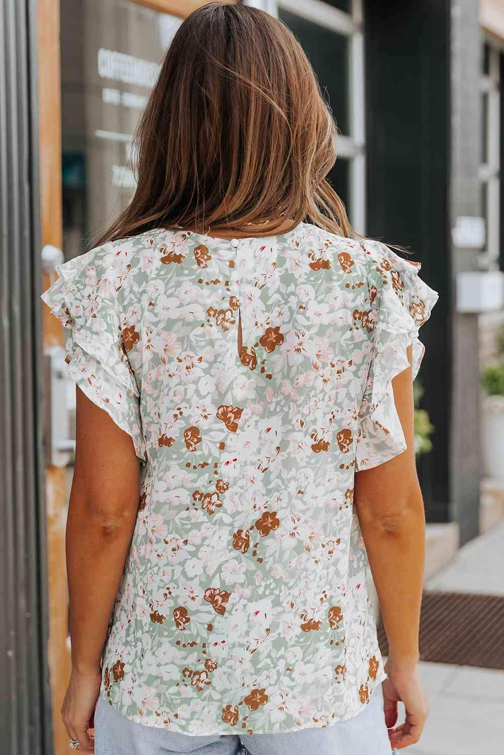 Floral Ruffled Flutter Sleeve Blouse Blouses - Tophatter Daily Deals