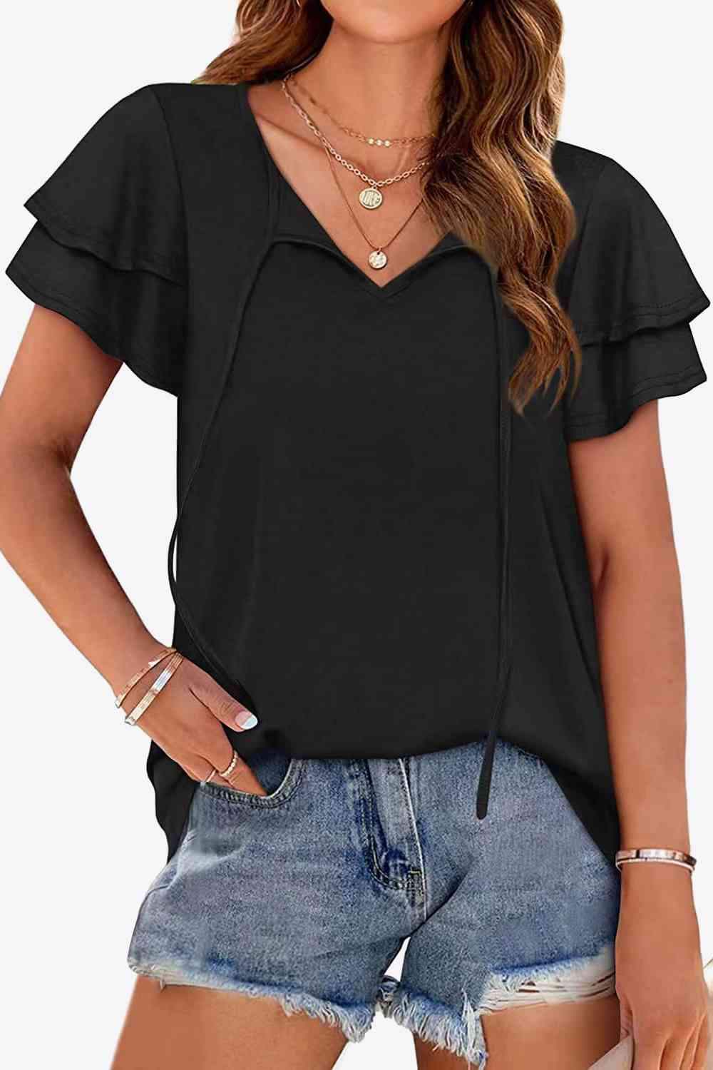 Tie-Neck Layered Flutter Sleeve Blouse Black Blouses - Tophatter Daily Deals