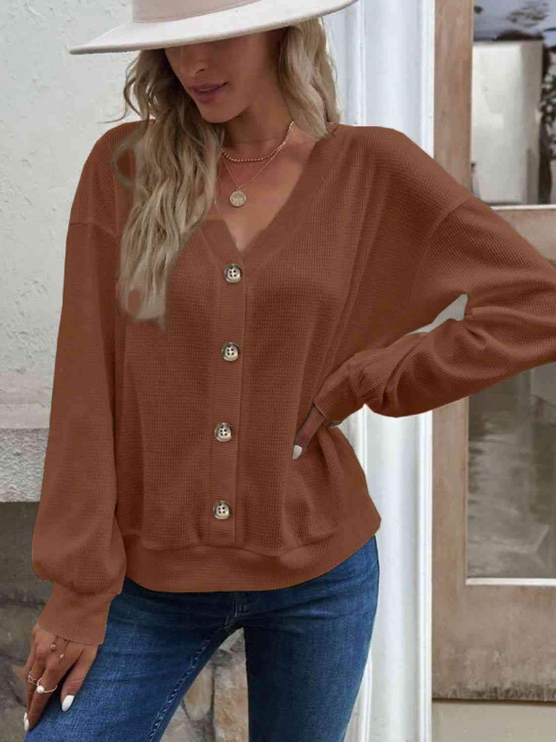 V-Neck Dropped Shoulder Blouse Caramel Blouses - Tophatter Daily Deals