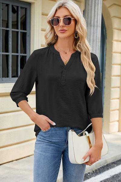 Notched Three-Quarter Sleeve T-Shirt Women's T-Shirts - Tophatter Daily Deals